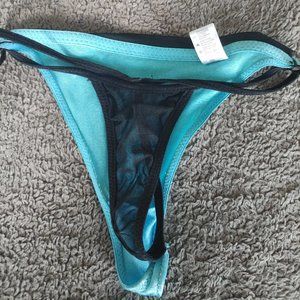 Blue silky thong with black mesh, used